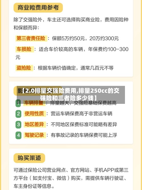 【2.0排量交强险费用,排量250cc的交强险和三者险多少钱】