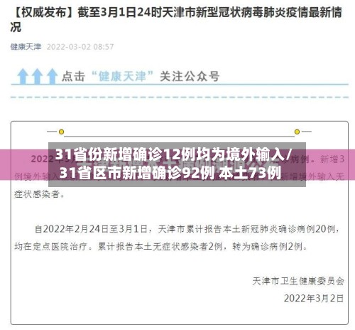31省份新增确诊12例均为境外输入/31省区市新增确诊92例 本土73例